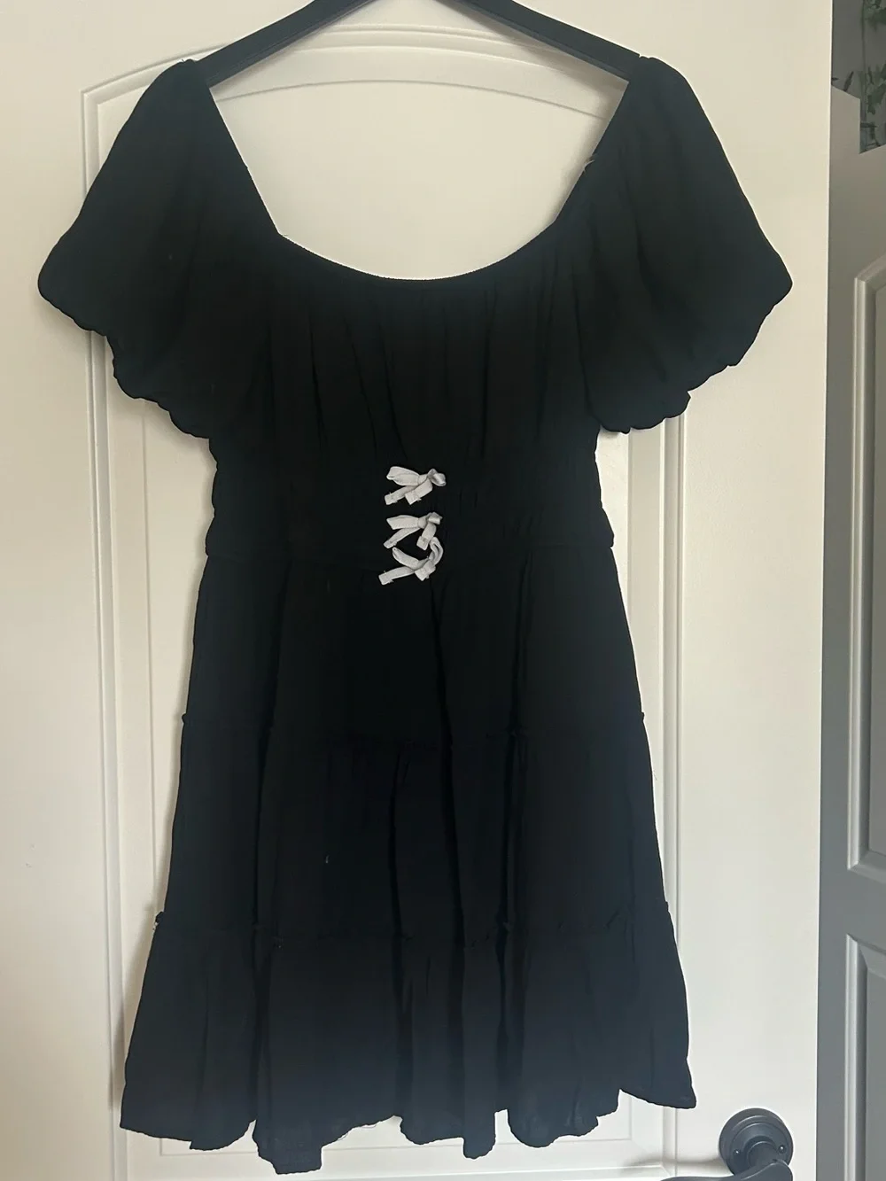Trixxi Black Mini Dress with Puff Sleeves and Front Tie